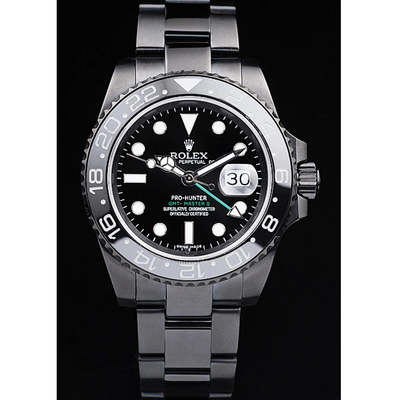 Aaa replica watch Pro-Hunter Swiss Dial Rolex Black Steel II GMT Black Master Strap 0608